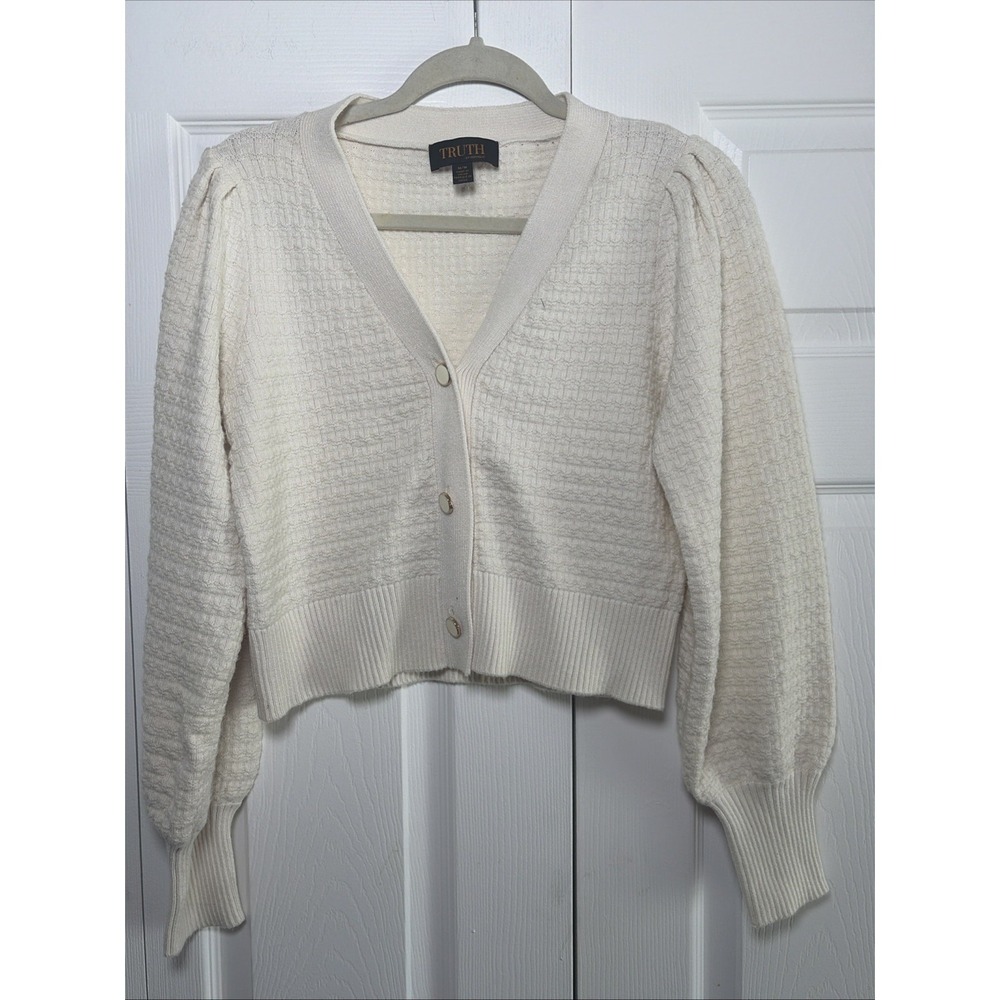 Truth by Republic Puff Sleeve Cardigan Womens Size M Cream Knit Sweater Classic